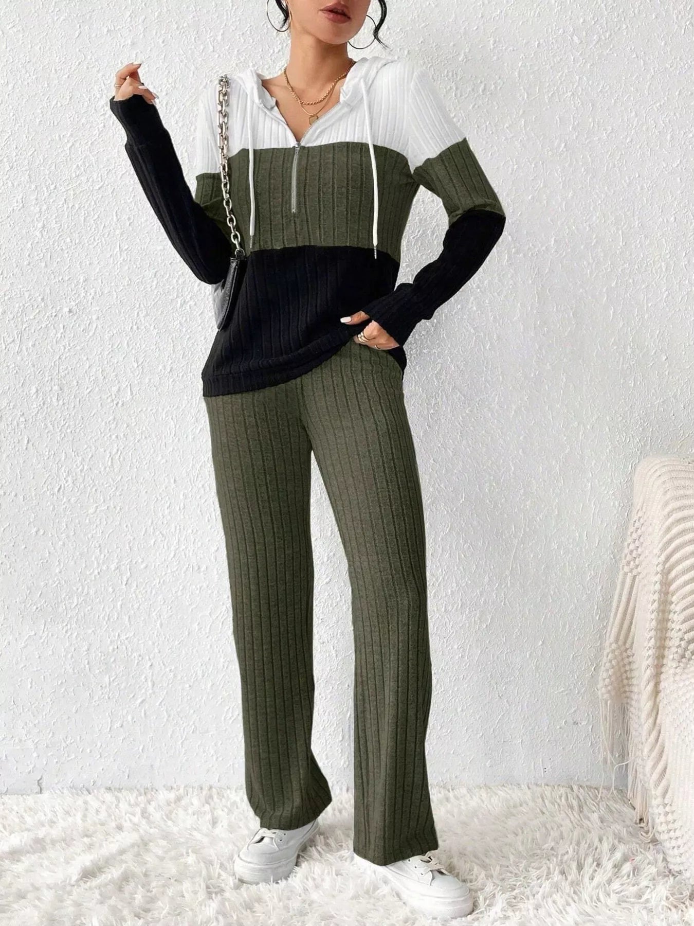 Women Color Block Half Zip Hooded Top and Pants Set NicholesGifts