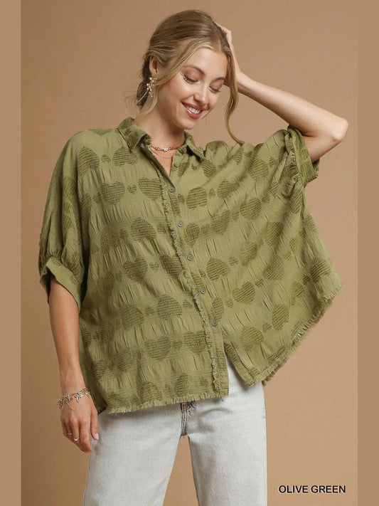 Women Umgee Jacquard Heart Collared Olive Green Short Sleeve Shirt NicholesGifts