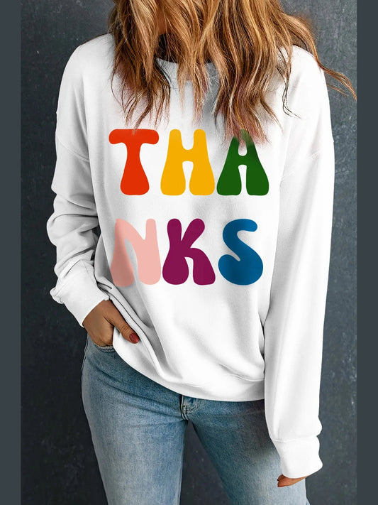 THANKS Round Neck Long Sleeve Sweatshirt Trendsi