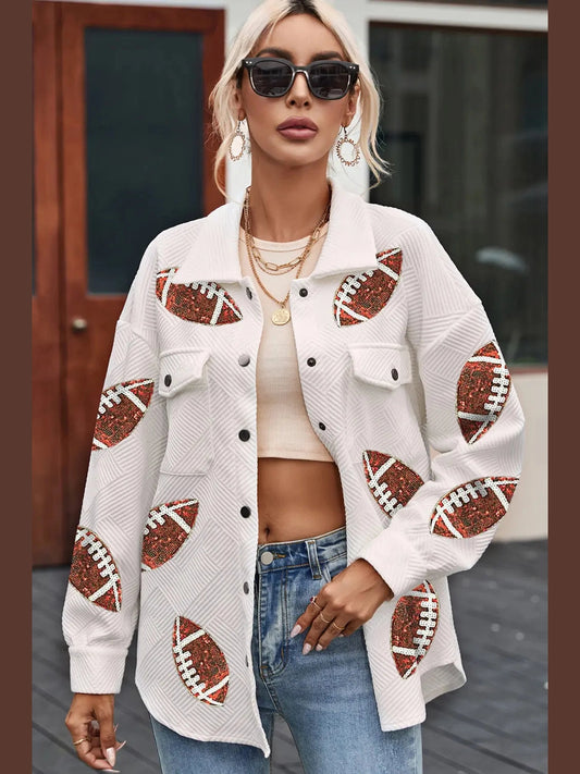 Sequin Football Patch Collared Neck Snap Button Jacket nicholesgifts