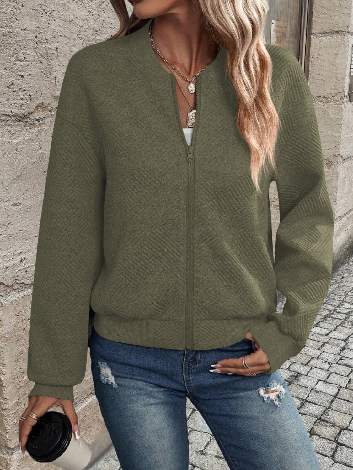 Textured Zip Up Long Sleeve Jacket NicholesGifts
