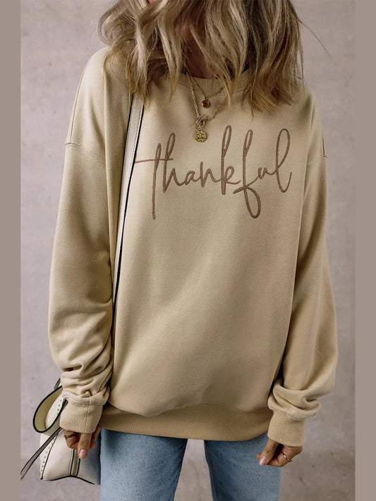 THANKFUL Round Neck Long Sleeve Sweatshirt Trendsi