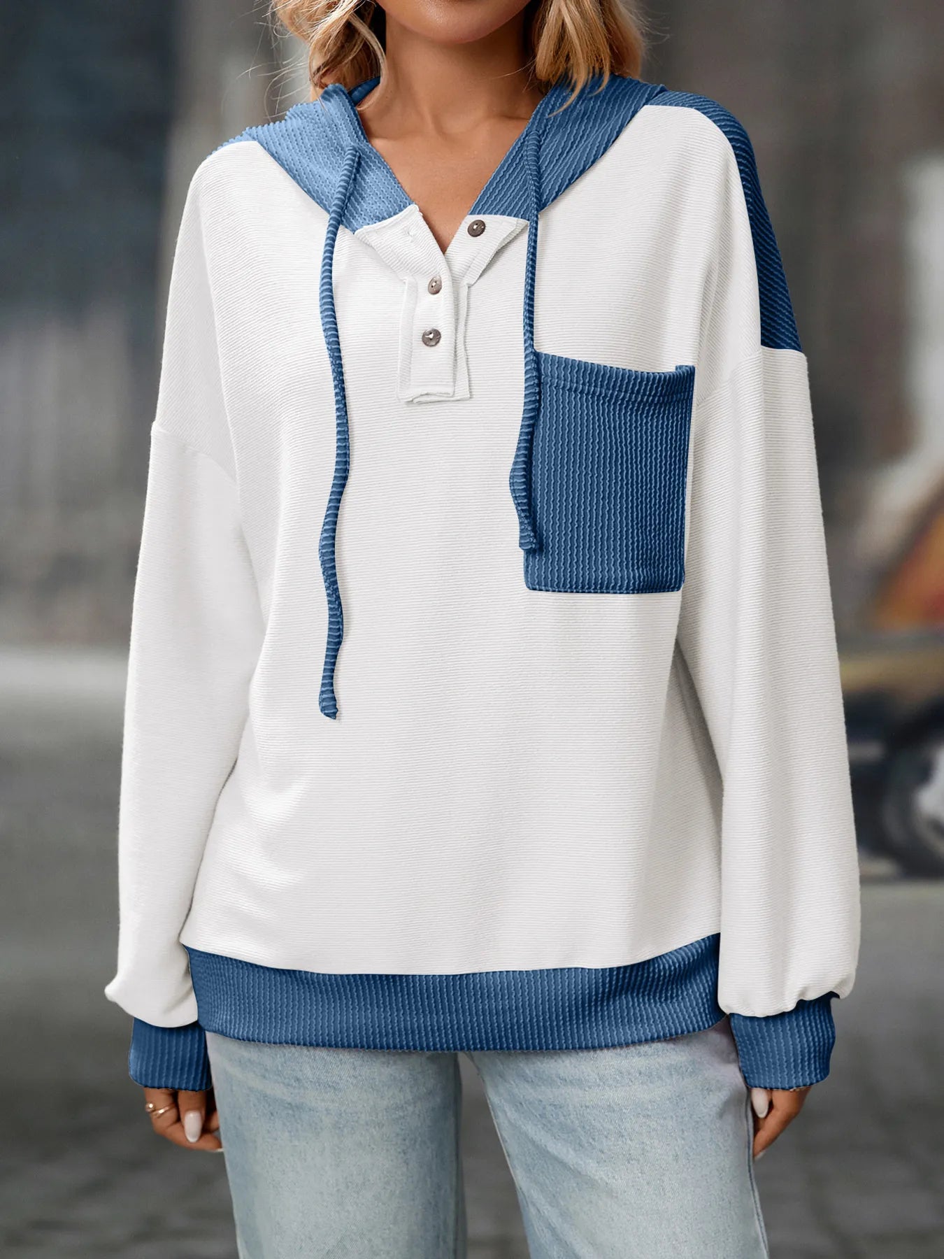 Drawstring Button Detail Long Sleeve Hoodie