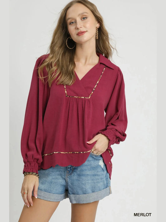 Women Umgee Full Size Linen Scallop Hem Long Sleeve Blouse with Contrast Trim Plus Size NicholesGifts