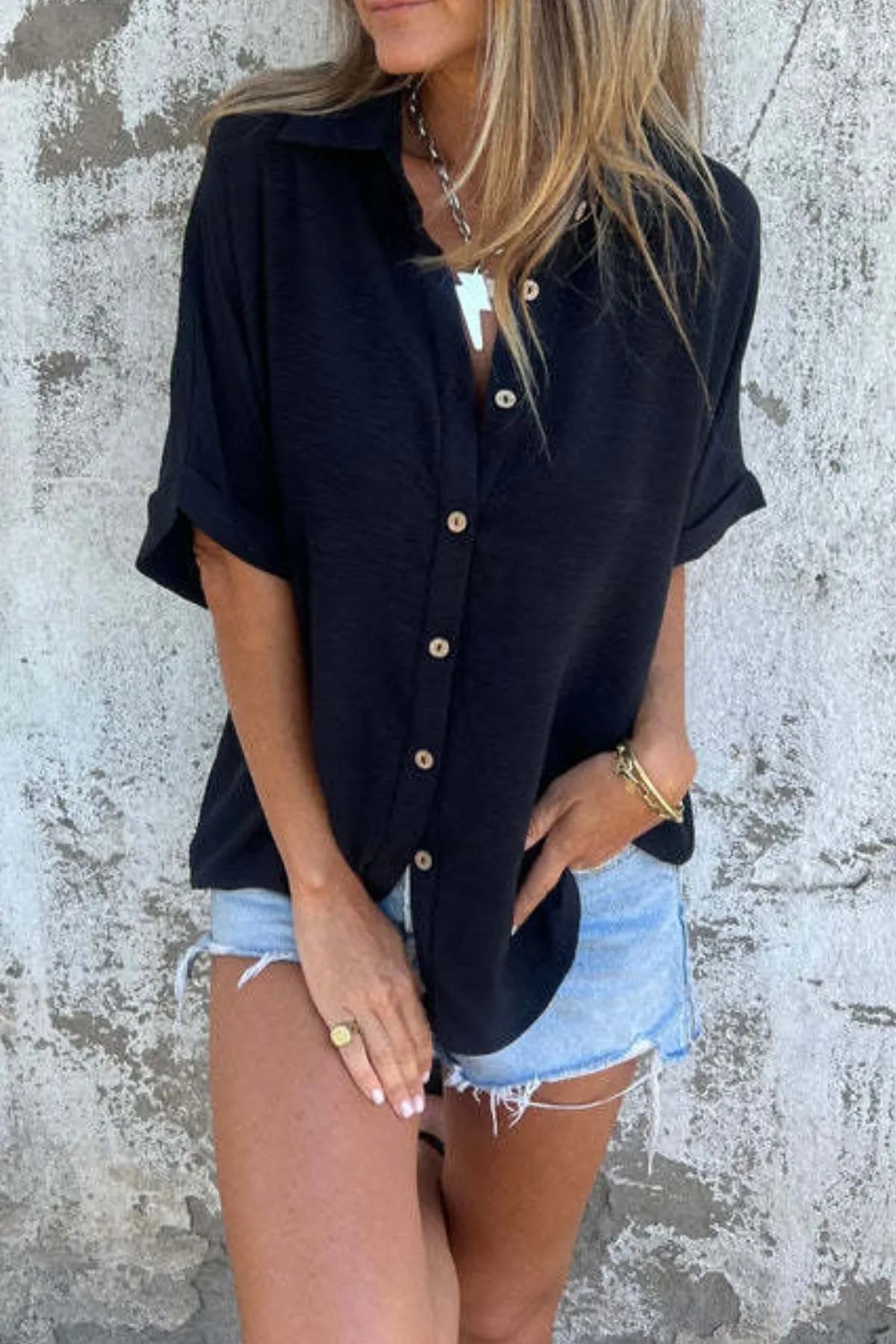Full Size Casual Button Down Short Sleeve Loose Shirt Plus Size Trendsi