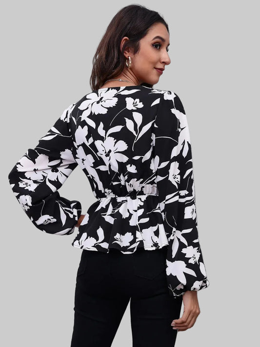 Floral V-Neck Balloon Sleeve Peplum Blouse nicholesgifts