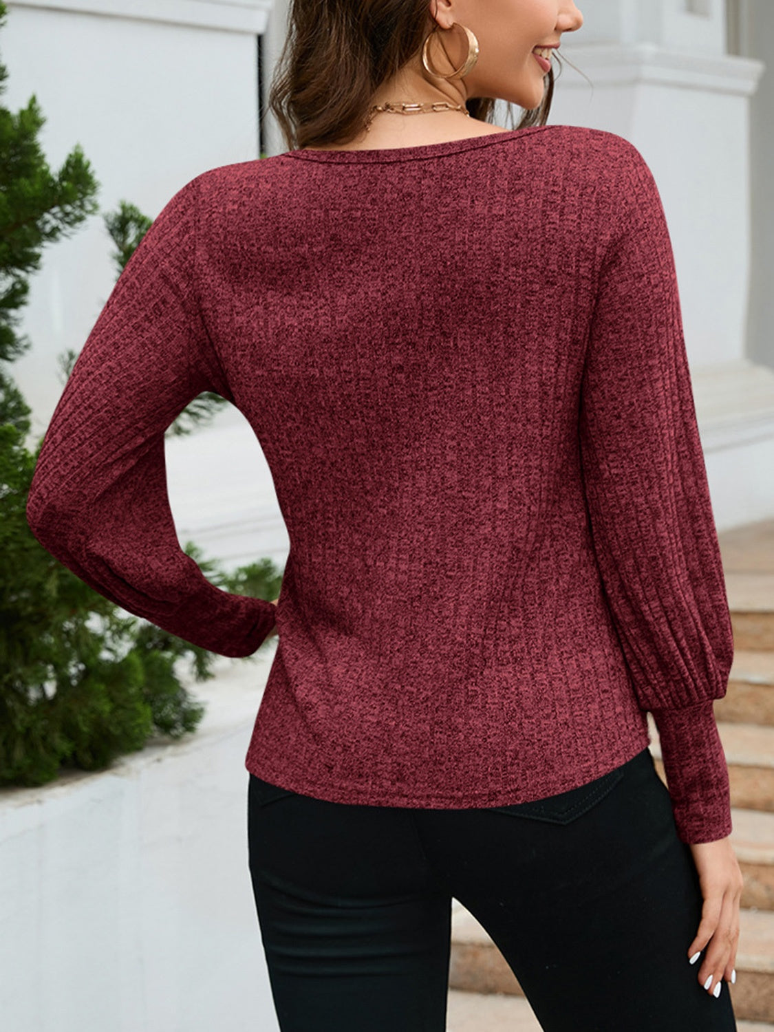 Ribbed Round Neck Lantern Sleeve Knit Top NicholesGifts