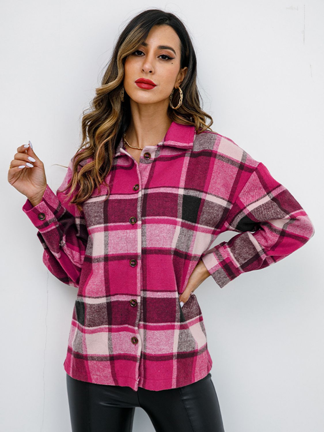 Shiny Plaid Button Up Collared Neck Jacket NicholesGifts