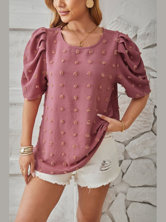 Swiss Dot Round Neck Short Sleeve Blouse