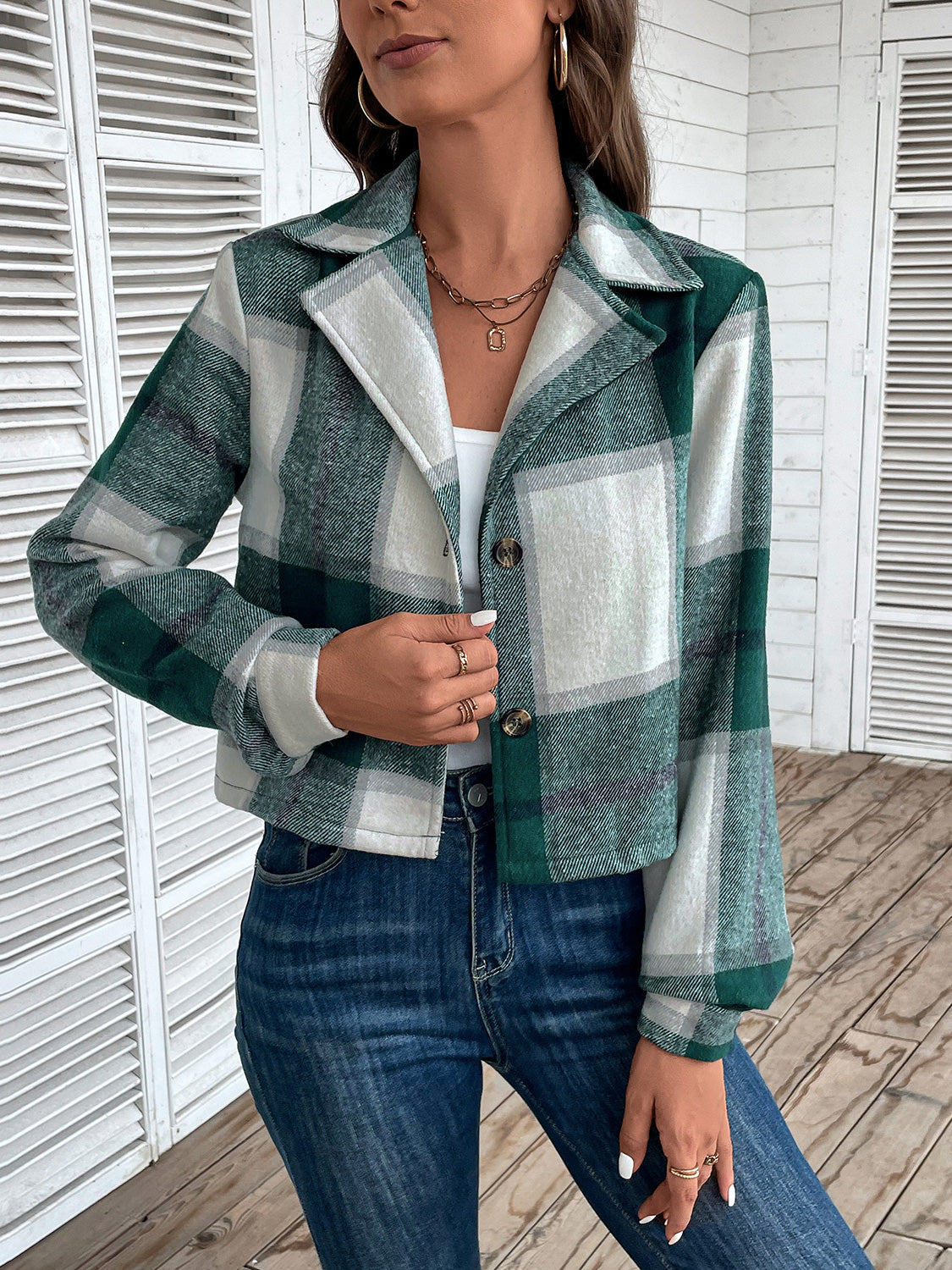 Perfee Plaid Collared Neck Button Up Long Sleeve Jacket NicholesGifts