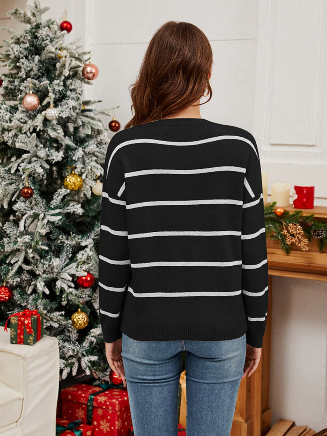 NicholesGifts Women Sequin Santa Striped Round Neck Long Sleeve Sweater NicholesGifts