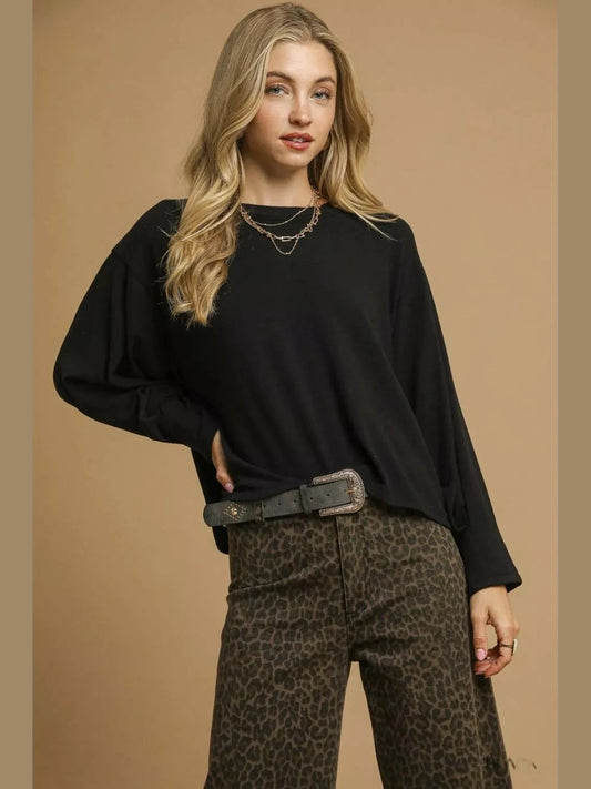 Umgee Brushed Fleeve Crewneck Top Trendsi