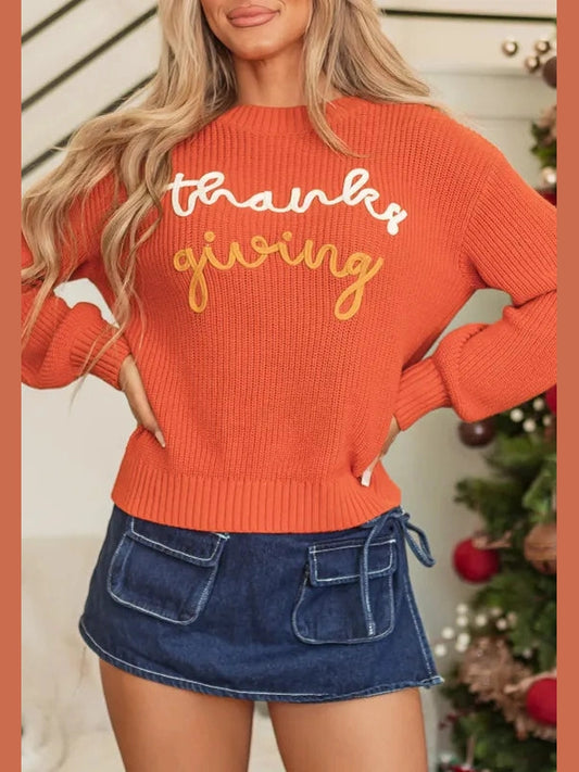 THANKS GIVING Round Neck Long Sleeve Sweater Trendsi
