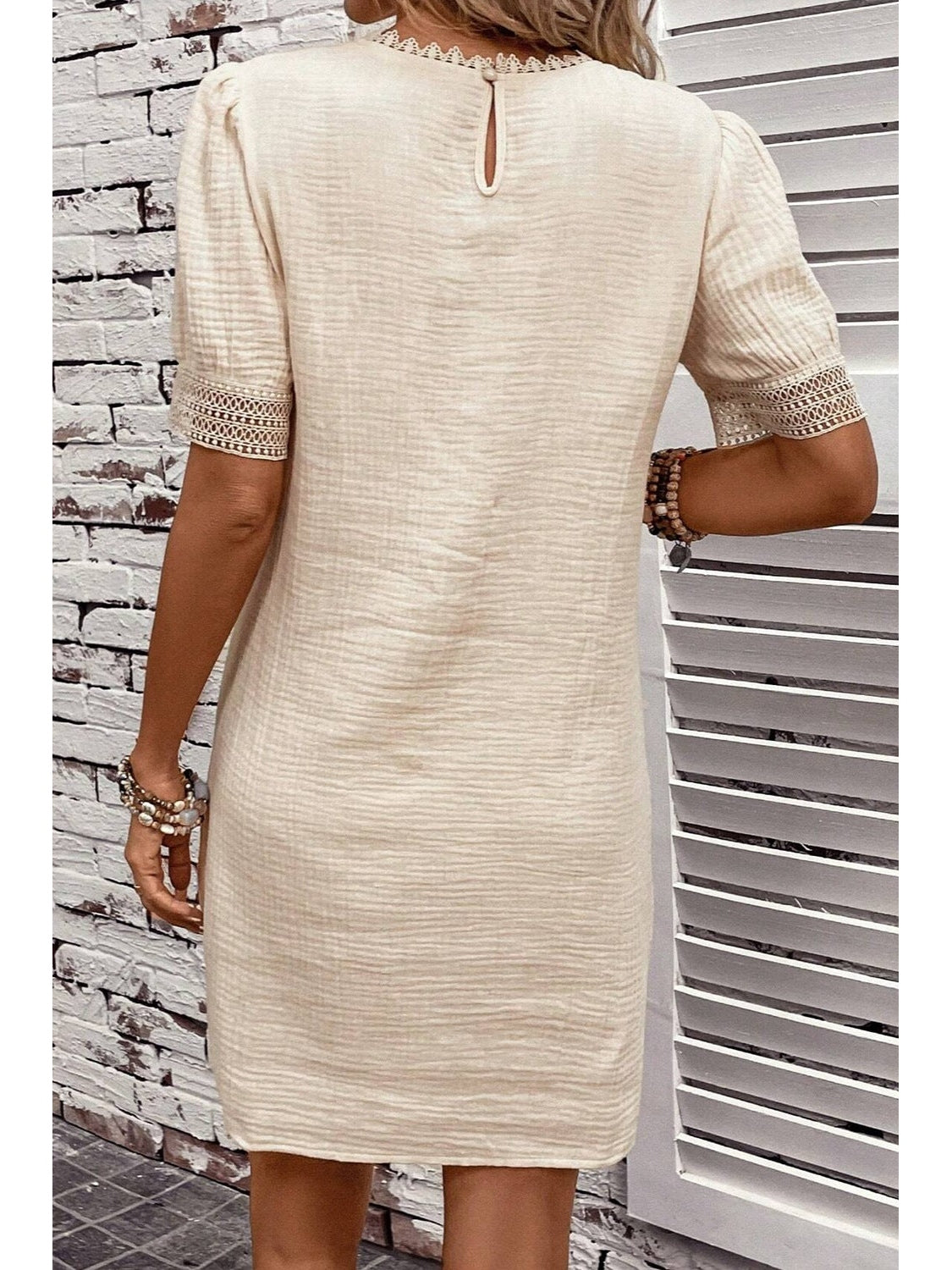 NicholesGifts Women Lace Detail Round Neck Short Sleeve Mini Dress NicholesGifts