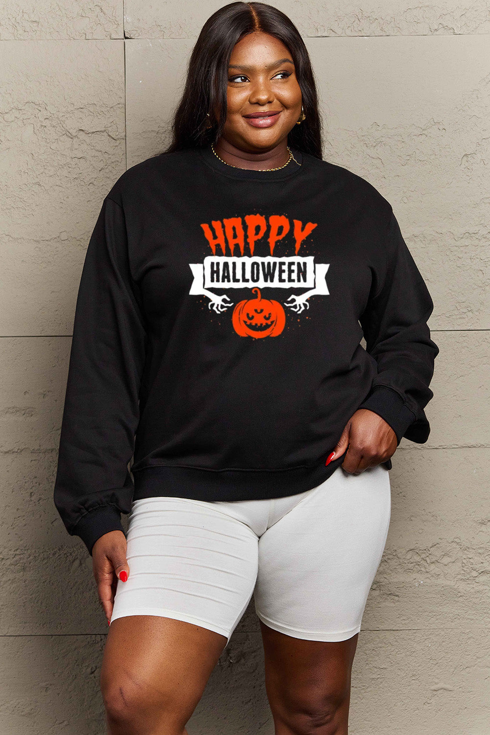 Women Simply Love Full Size Happy HAlloween Graphic Sweatshirt NicholesGifts