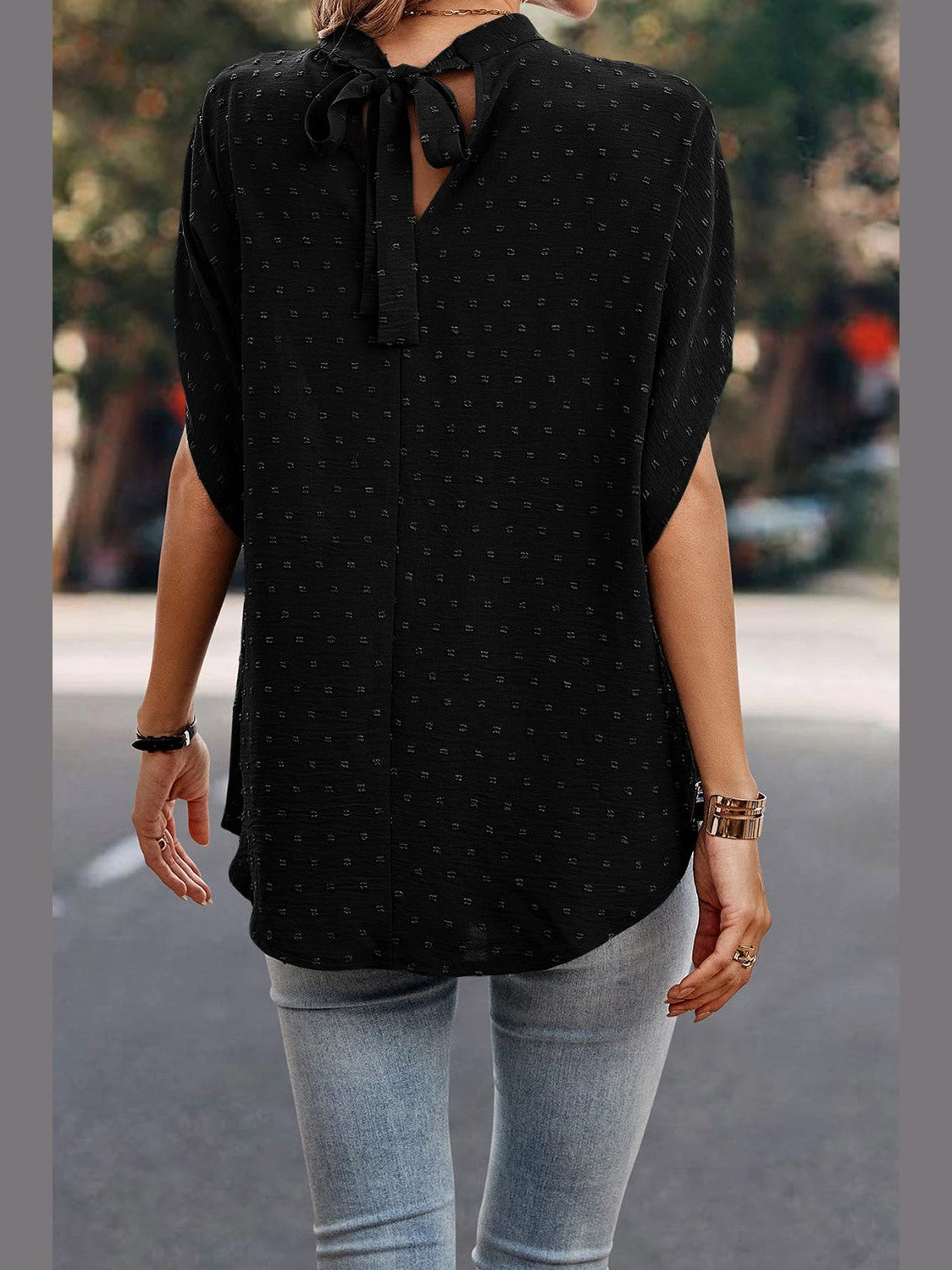 Women Swiss Dot Mock Neck Blouse
