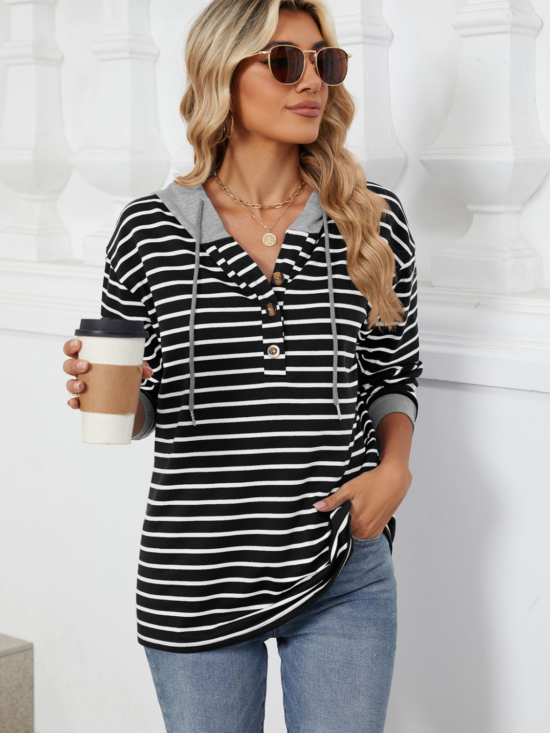 NicholesGifts Women Drawstring Striped Long Sleeve Hoodie NicholesGifts