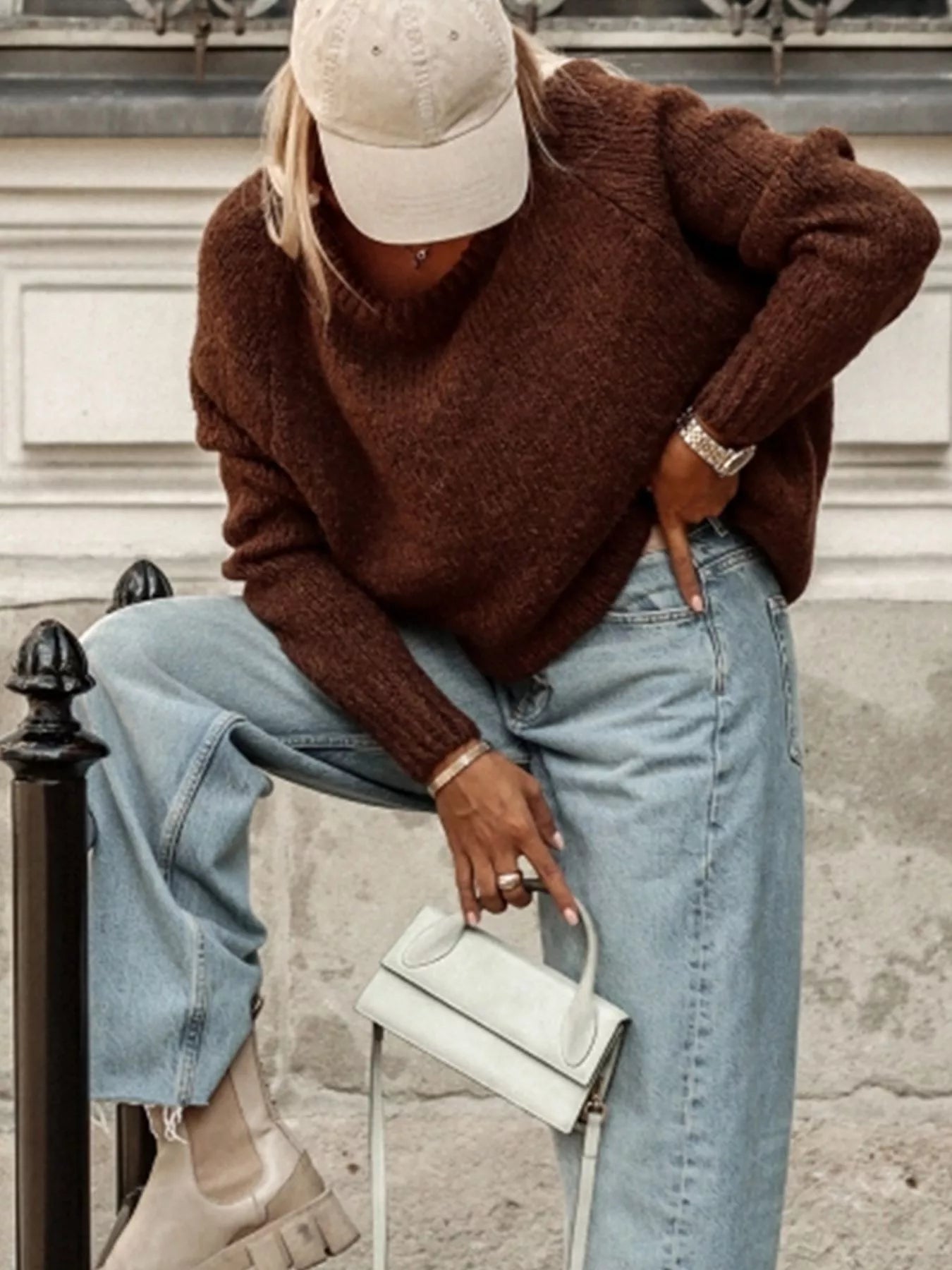 Women Round Neck Drop Shoulder Sweater