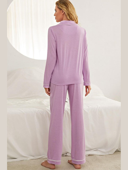 Contrast Piping Button Down Top and Pants Loungewear Set nicholesgifts