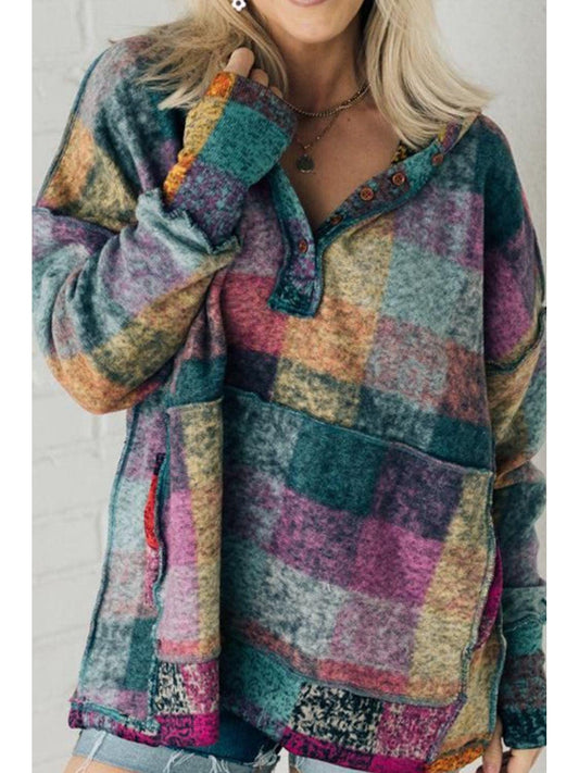 Women Multicolor Brushed Plaid Buttoned Pullover Oversized Hoodie