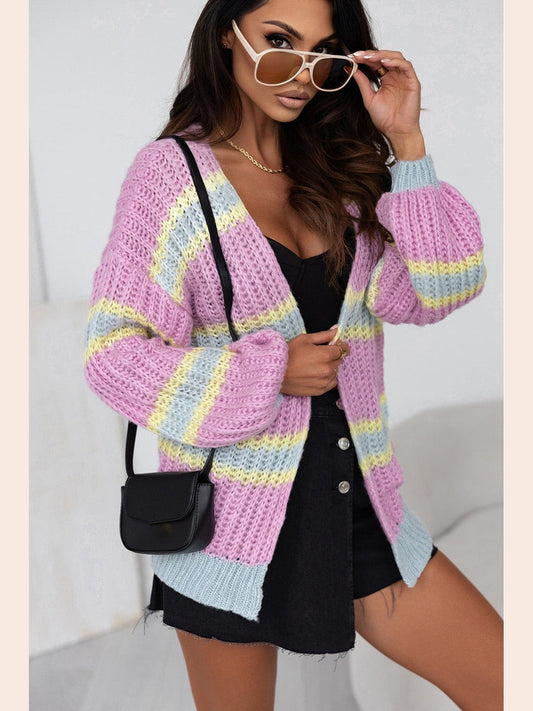 Women Striped Lantern Sleeve Dropped Shoulder Cardigan