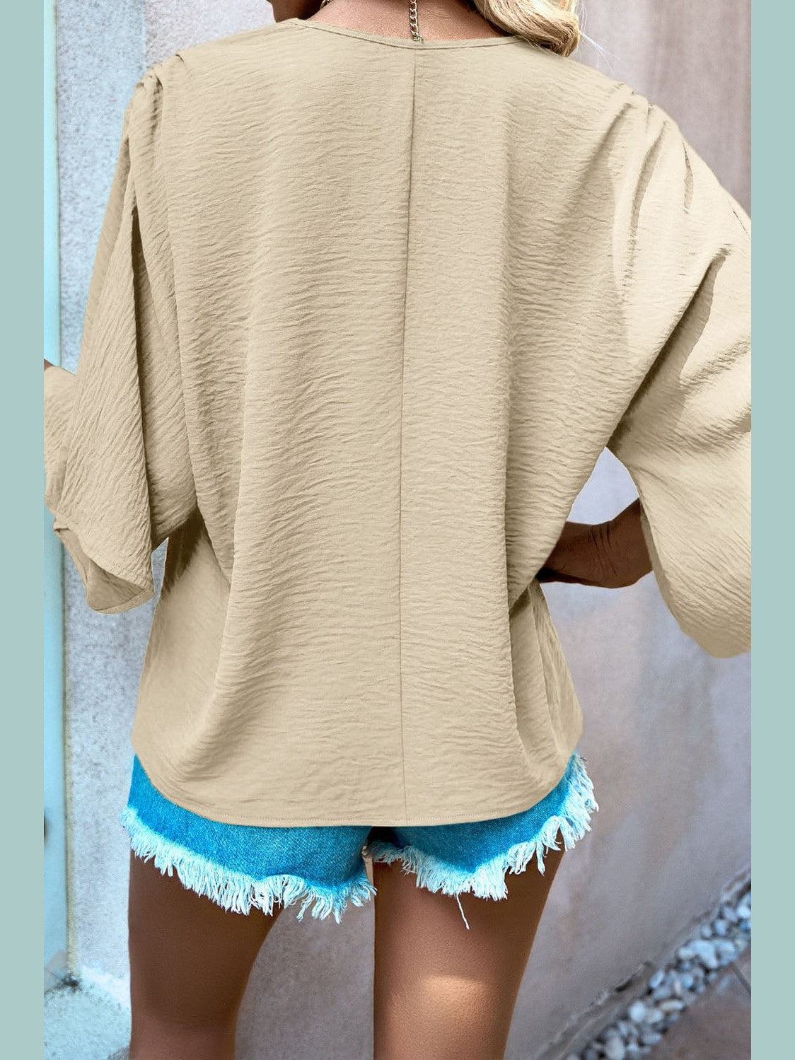 Women V-Neck Flutter Sleeve Tan Colored Blouse