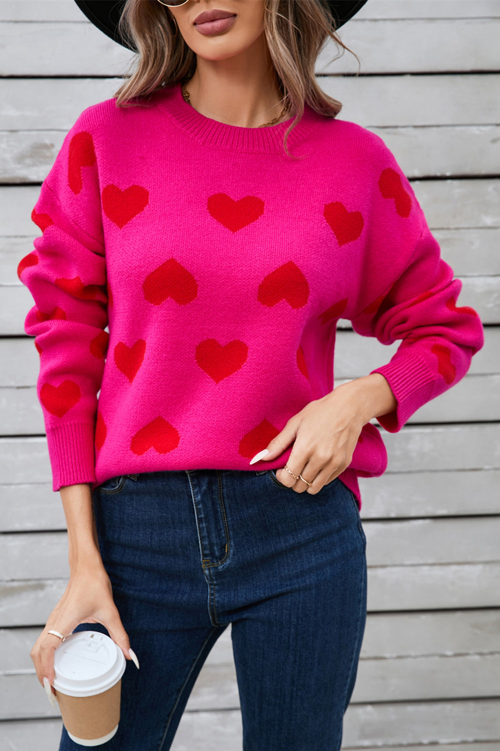 Women Heart Round Neck Long Sleeve Valentine's Day Sweater