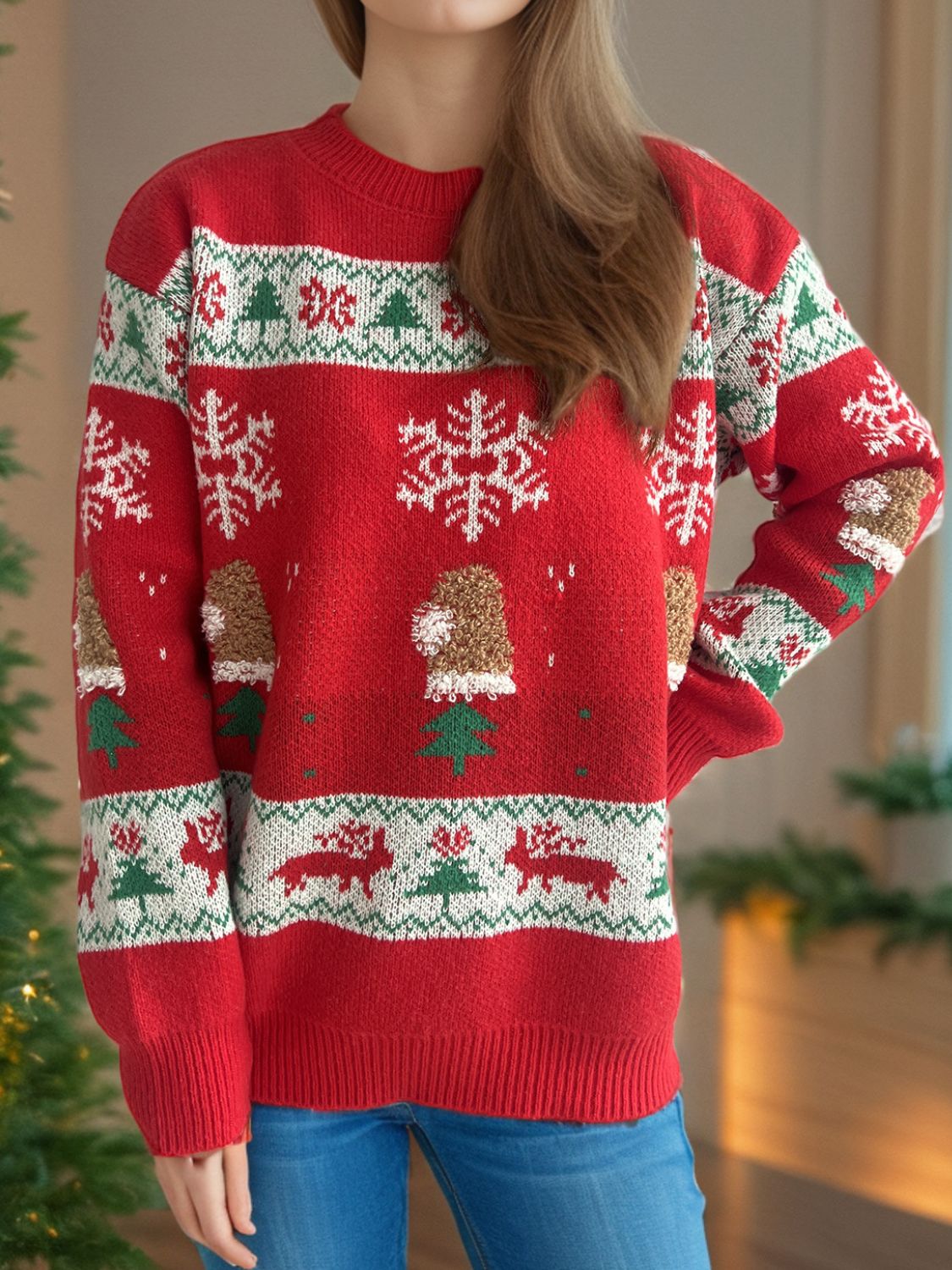 Christmas Element Round Neck Long Sleeve Sweater NicholesGifts