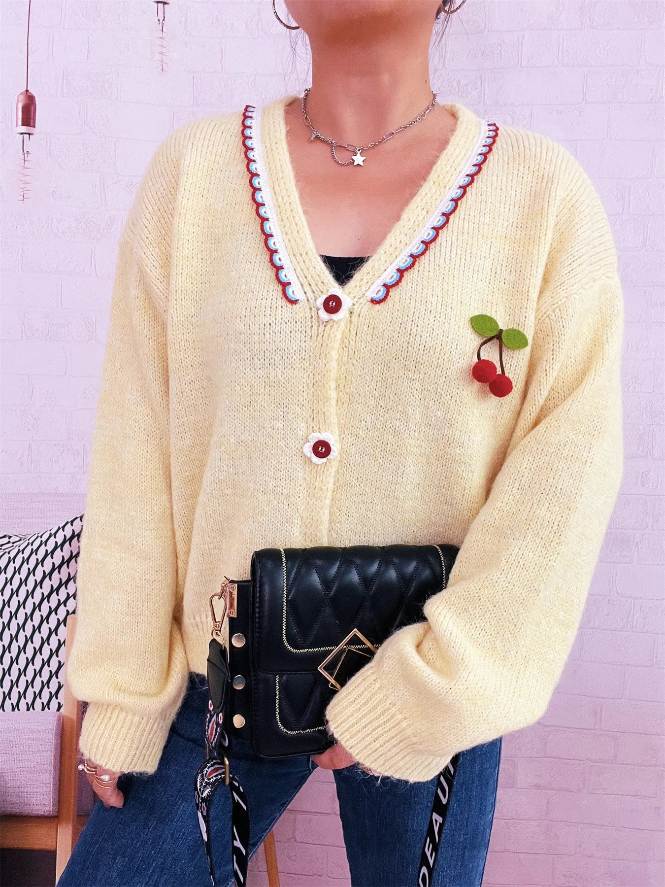 Cherry Button-Front Long Sleeve Cardigan