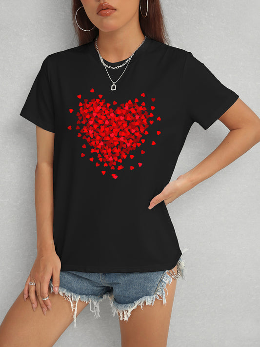 Women Heart Round Neck Short Sleeve Black T-Shirt