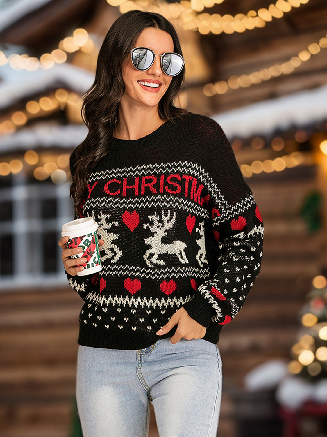 NicholesGifts Women Perfee Christmas Element Round Neck Sweater NicholesGifts