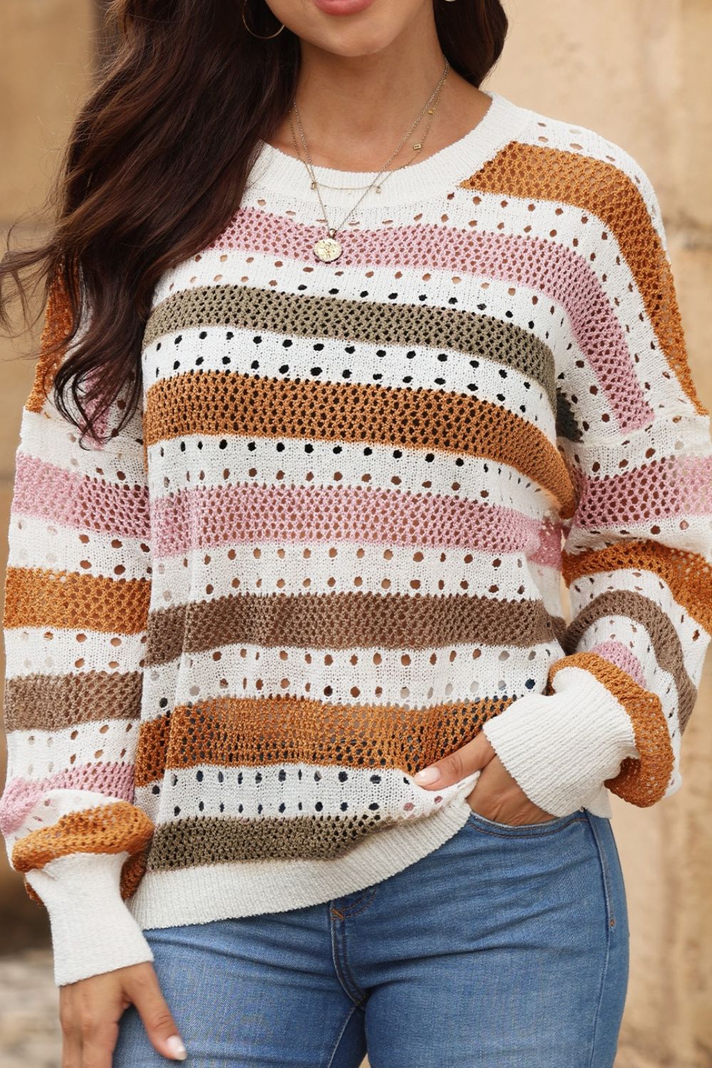 Women Striped Round Neck Hollowed Sweater NicholesGifts