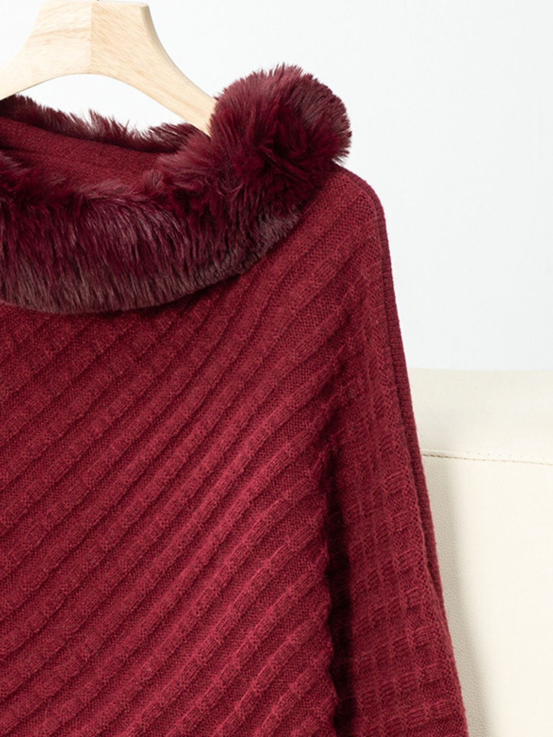 Women Fuzzy Trim Texture Three-Quarter Sleeve Poncho