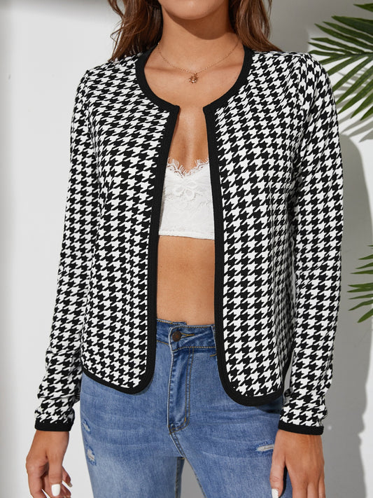 Women Houndstooth Open Front Long Sleeve Black Jacket