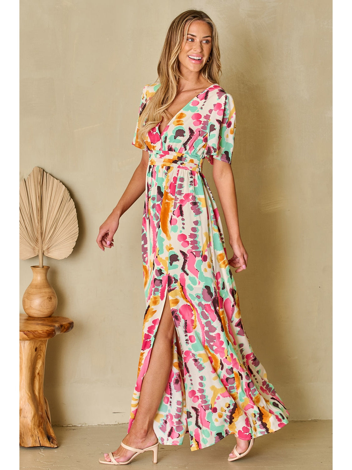 Slit Printed Surplice Short Sleeve Maxi Dress NicholesGifts