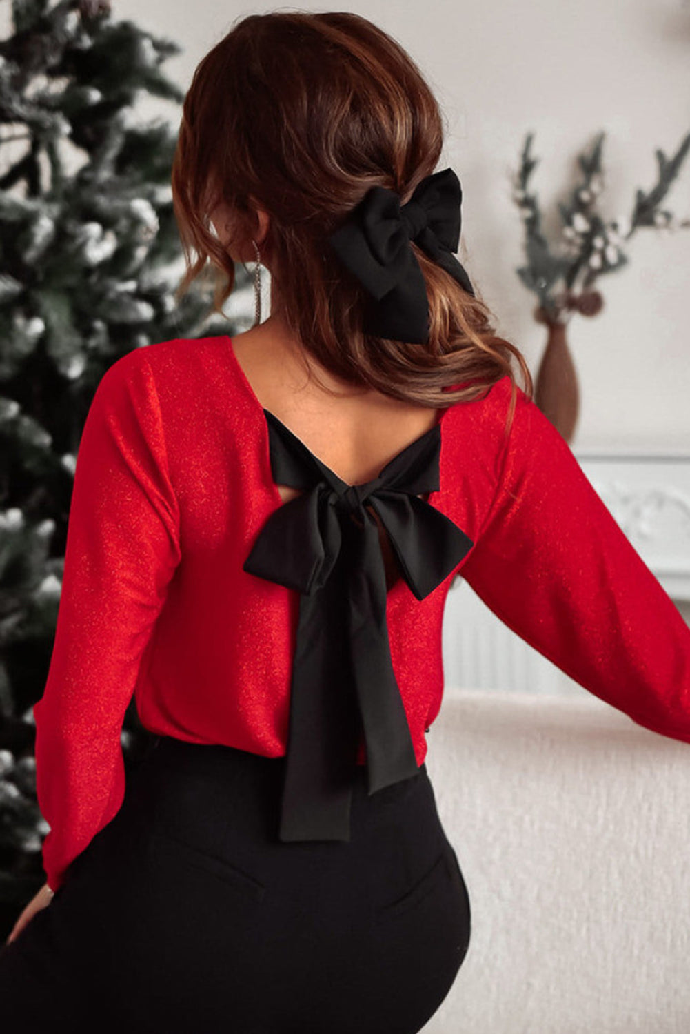 NicholesGifts Women Bowknot V-Neck Long Sleeve Blouse NicholesGifts