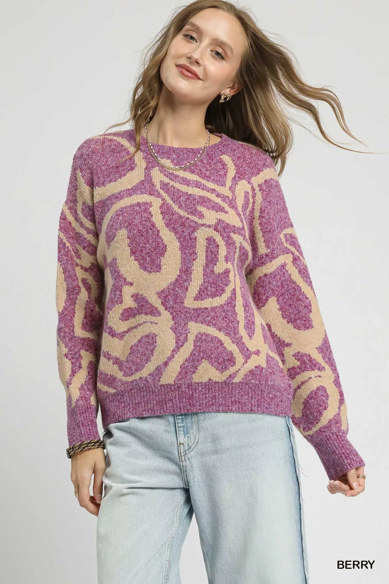 Umgee Ribbed Hem Contrast Dropped Shoulder Sweater