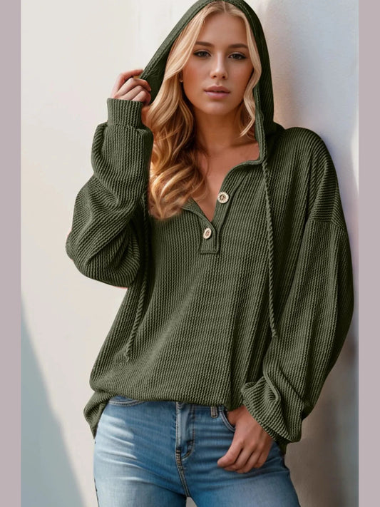 Double Take Full Size Half Button Long Sleeve Hoodie Trendsi