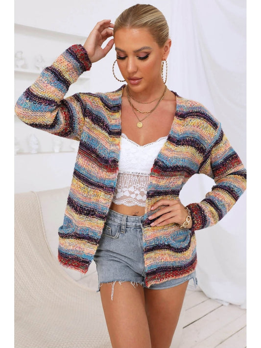 Women Striped Long Sleeve Open Front Cardigan