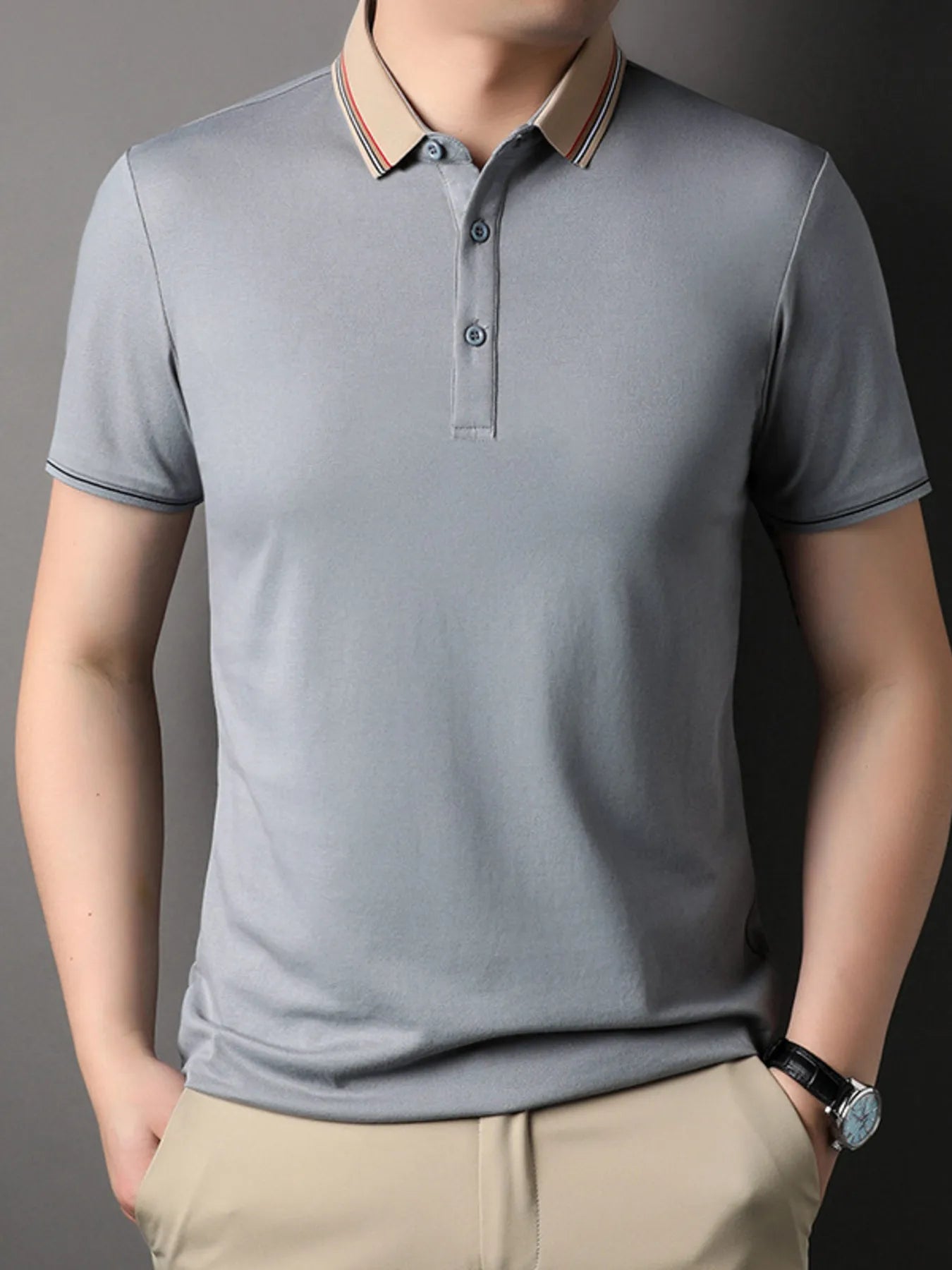 Men's Plus Size Striped Collar Short Sleeve Casual Polo Shirt