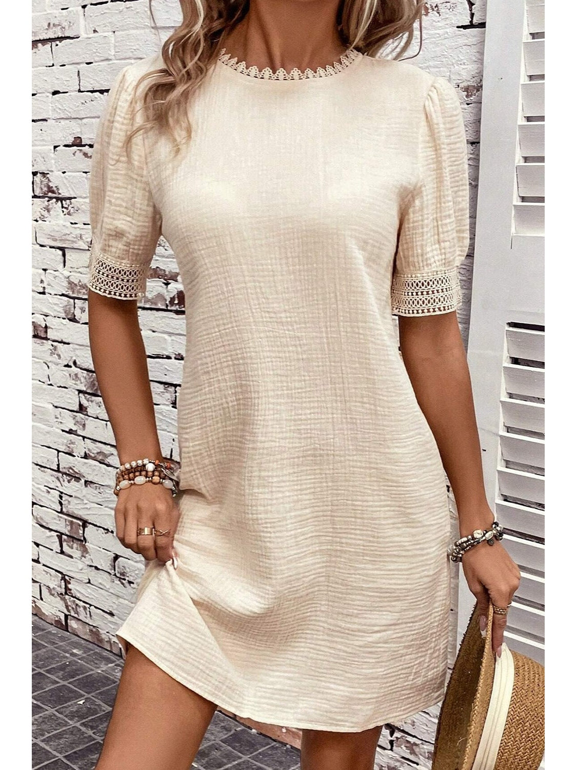 NicholesGifts Women Lace Detail Round Neck Short Sleeve Mini Dress NicholesGifts
