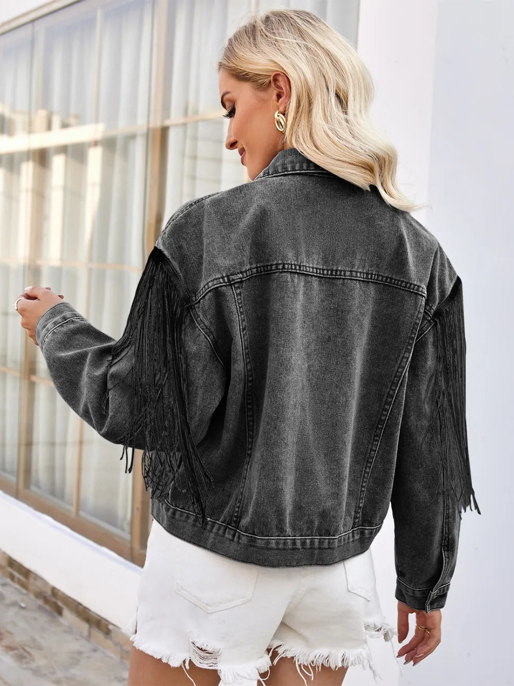 Tassel Button Up Dropped Shoulder Denim Jacket nicholesgifts