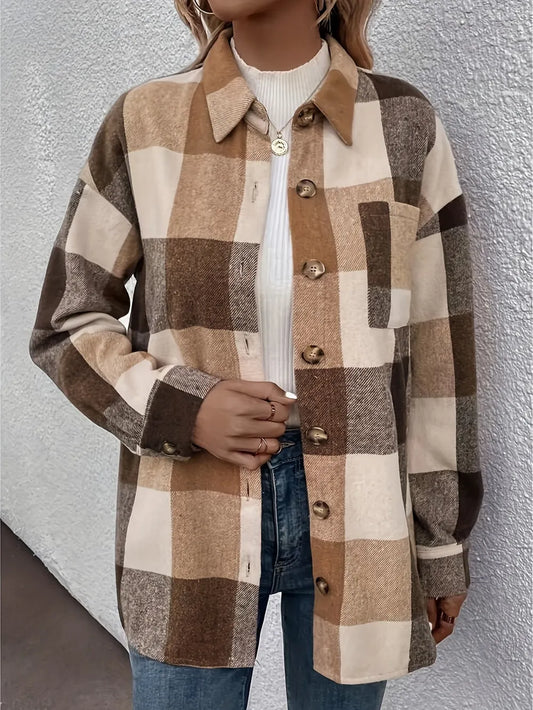 Curved Hem Plaid Collared Neck Shacket Trendsi