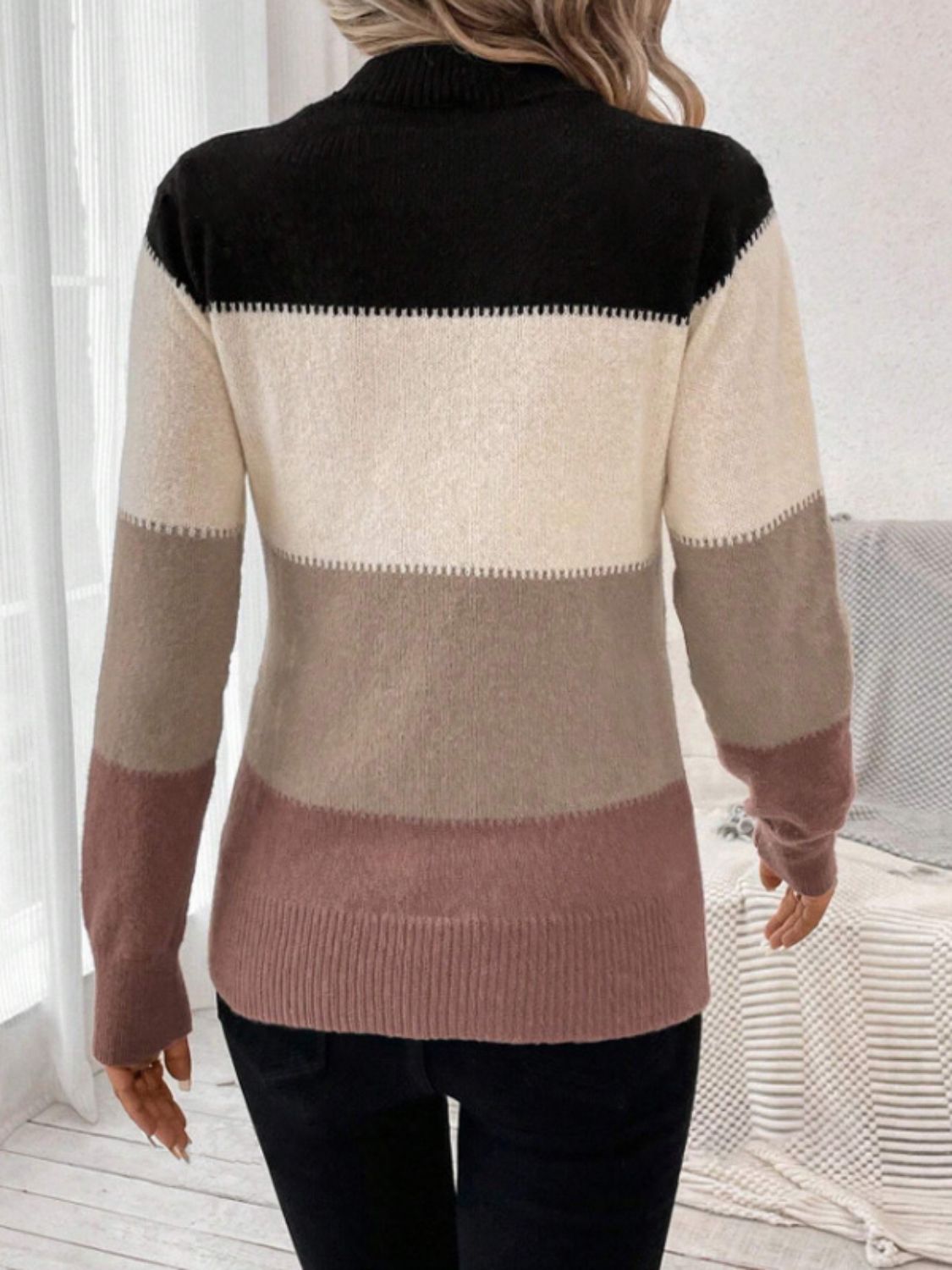 Women Color Block Mock Neck Long Sleeve Sweater