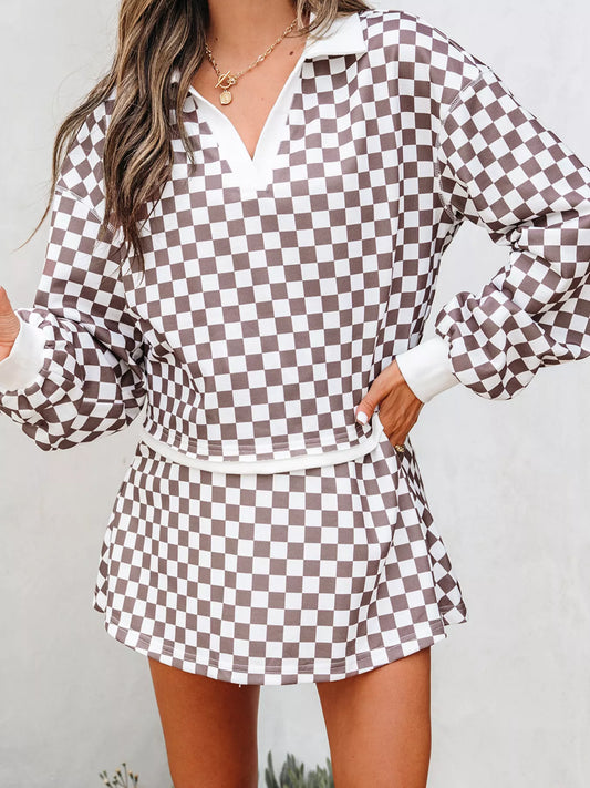 Checkered Print Polo Collar Cropped Long Sleeve Top and Drawstring Mini Skirt Set Trendsi