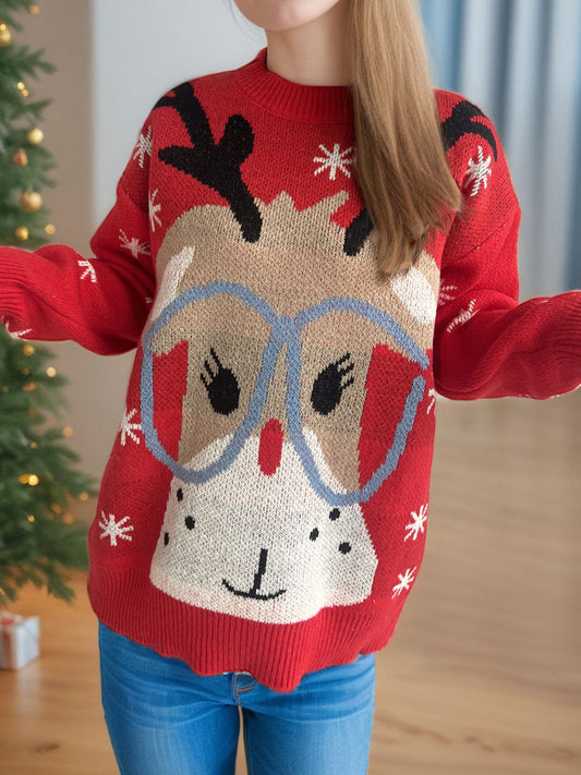 Reindeer Round Neck Dropped Shoulder Sweater NicholesGifts
