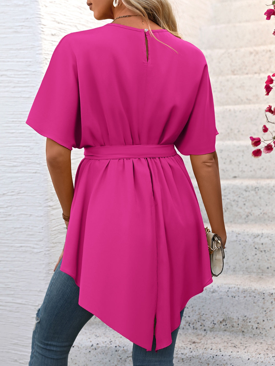 Women Tied Round Neck Half Sleeve Blouse