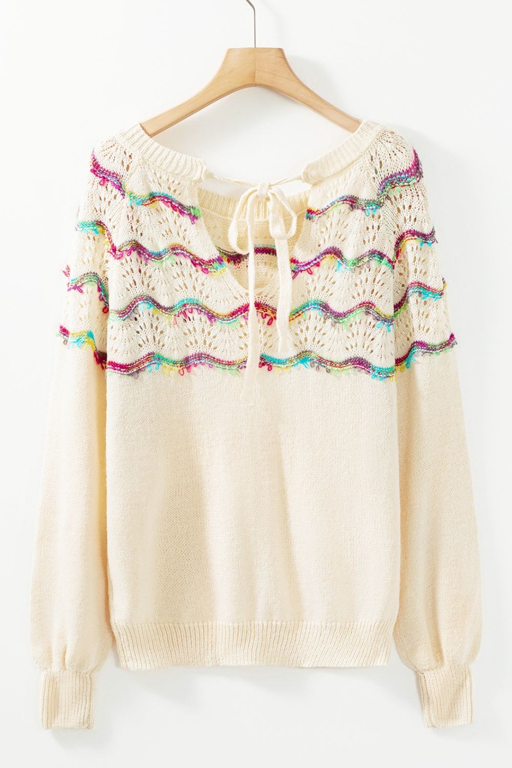 Women Openwork Wavy Striped Round Neck Sweater NicholesGifts
