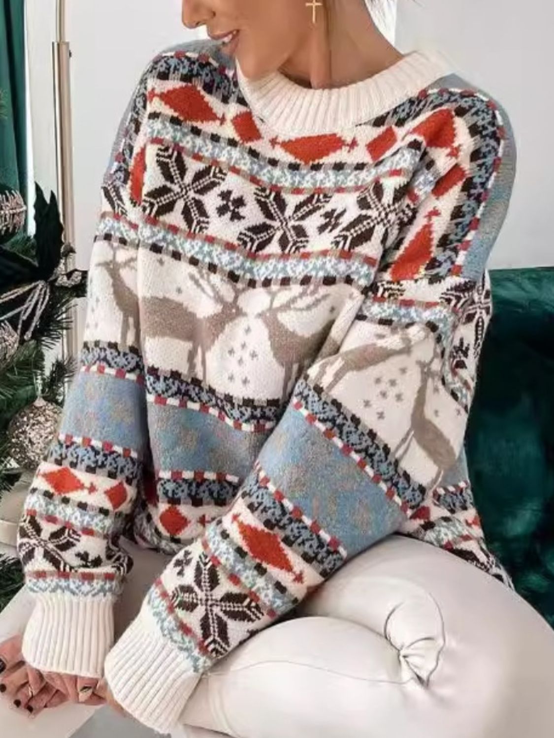 Geometric Round Neck Dropped Shoulder Sweater NicholesGifts