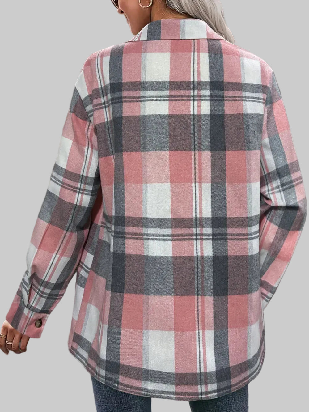 Women Pocketed Plaid Collared Neck Shacket nicholesgifts